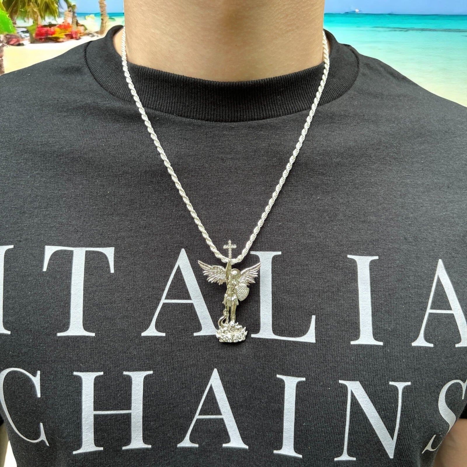 925 Sterling Silver St Michael Pendant With Moissanite - Medium