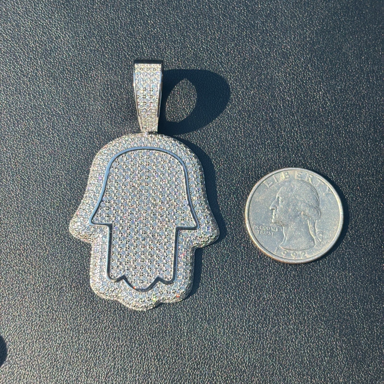 925 Sterling Silver Fully Iced Out Hamsa Pendant With Moissanite - Medium