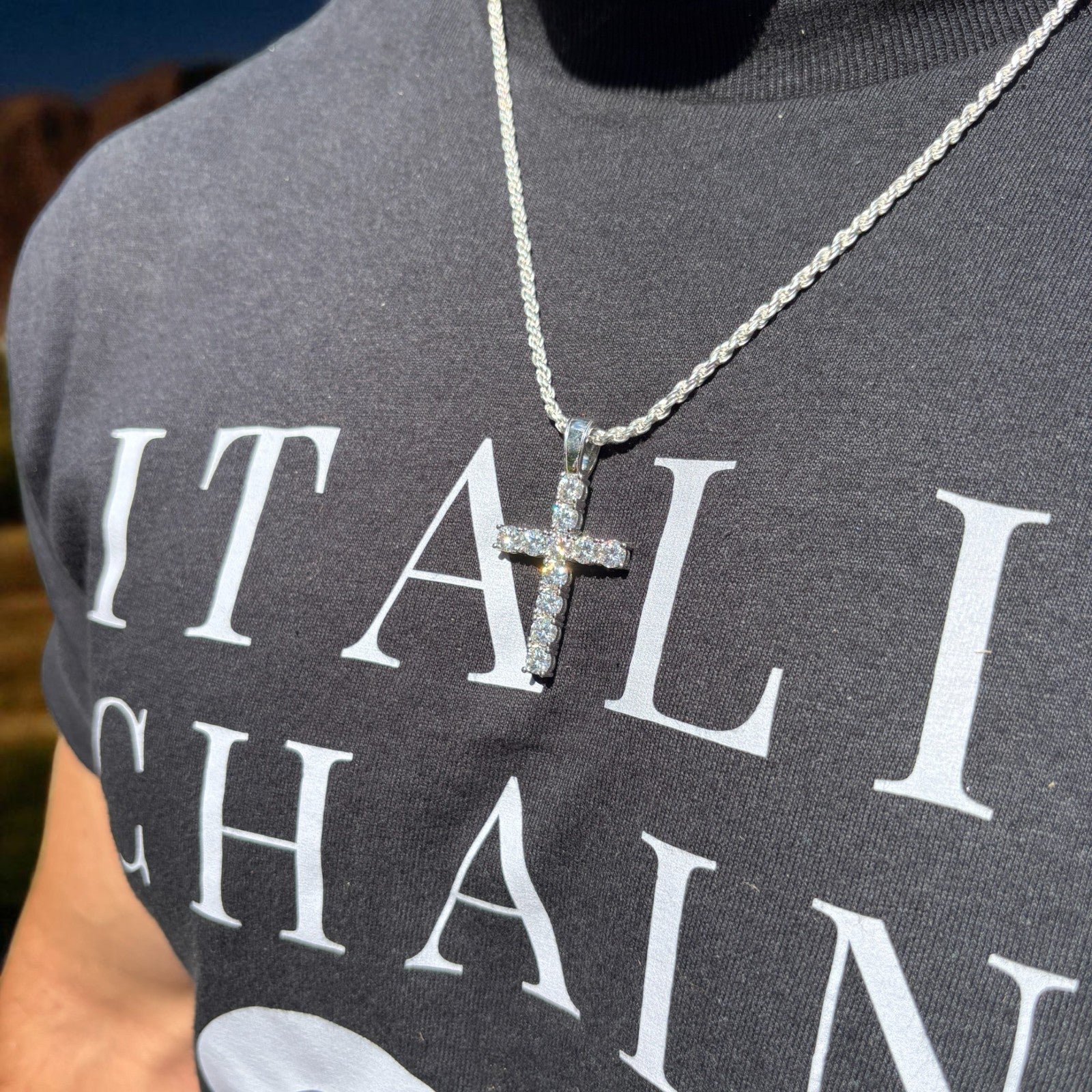 925 Sterling Silver Tennis Cross Pendant With Moissanite - Large