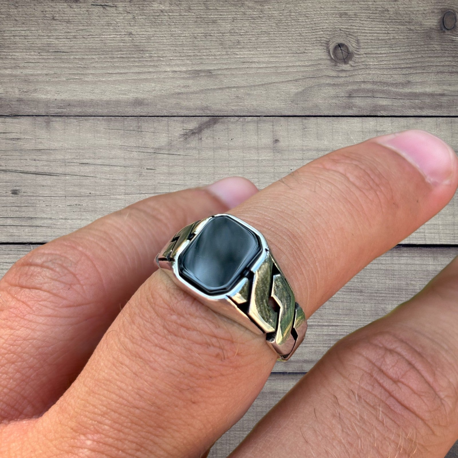 925 Sterling Silver Black Onyx Stone Cuban Ring