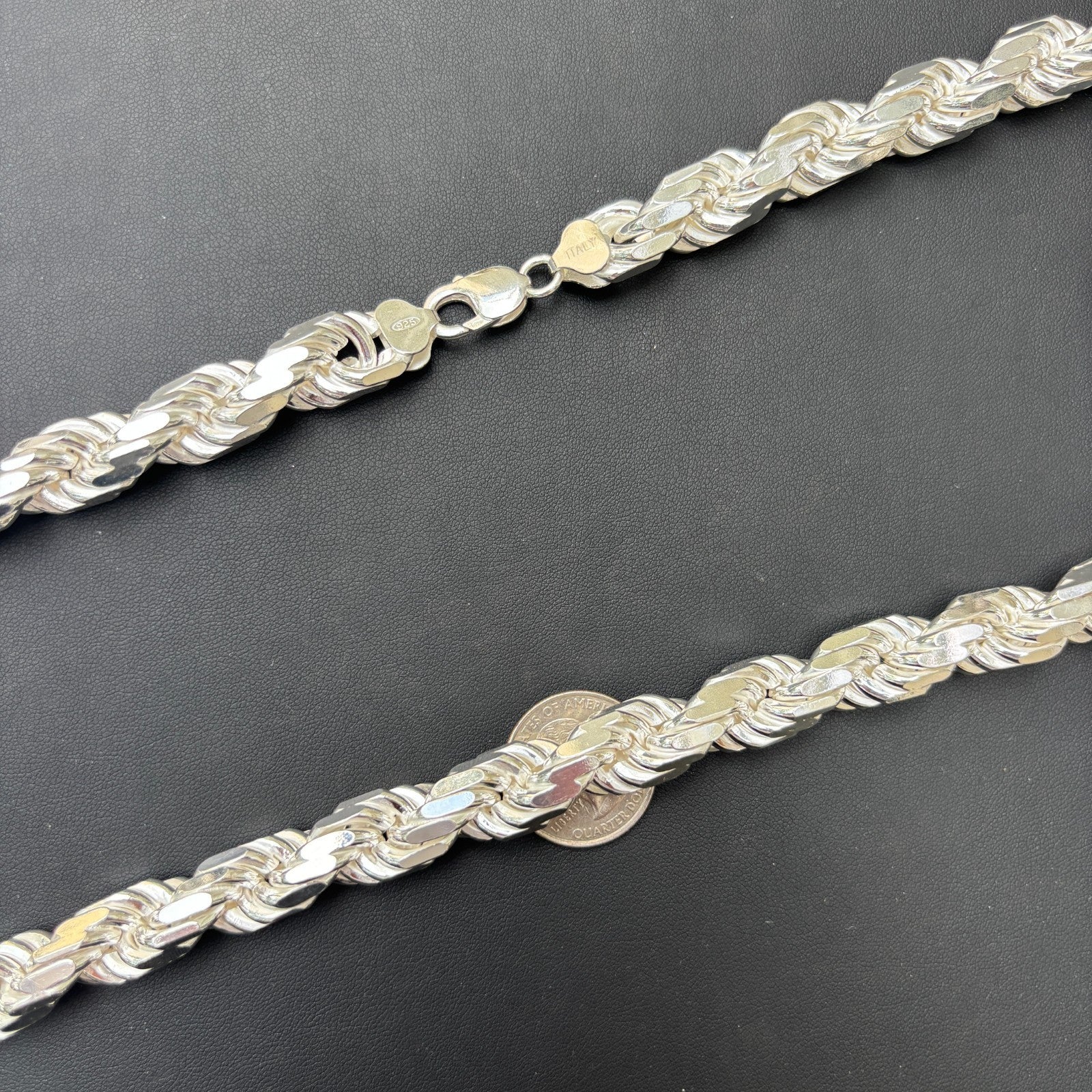 925 Sterling Silver 12.5mm Diamond Cut Rope Chain Necklace