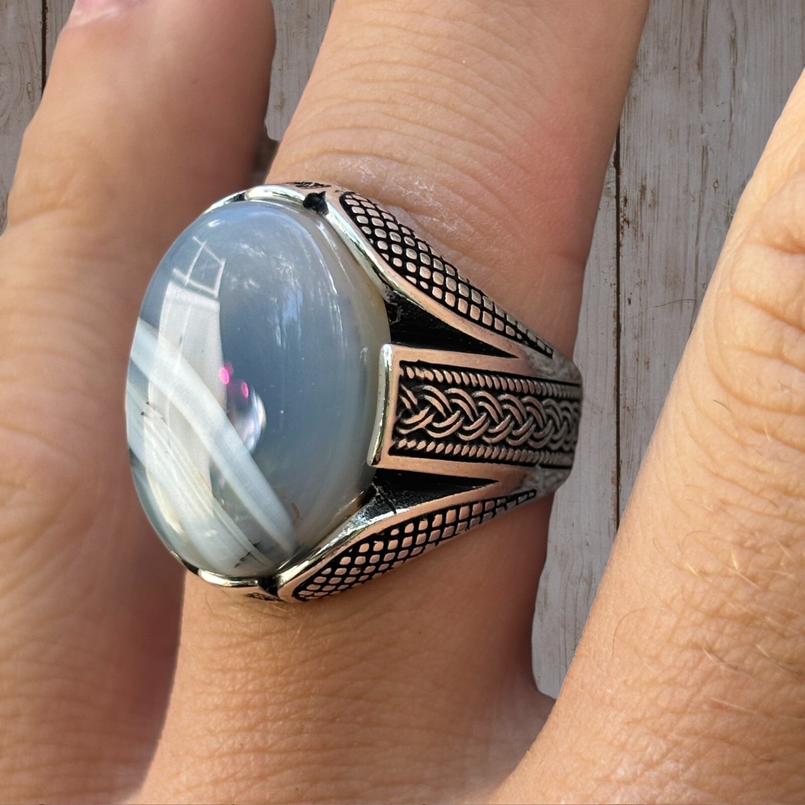 Real 925 Sterling Silver Oval Agate Gemstone Ring
