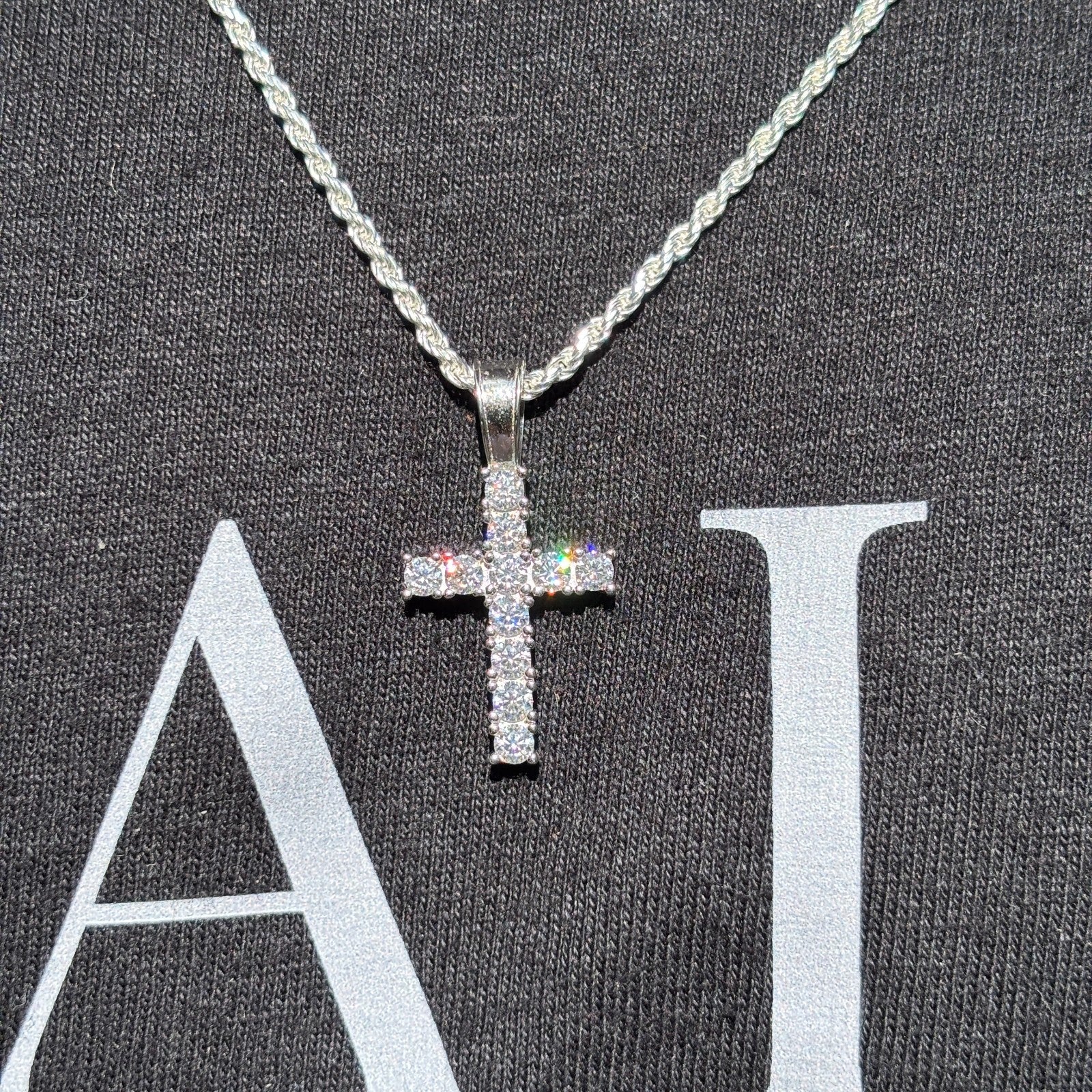 925 Sterling Silver Small Tennis Cross Pendant With Moissanite - Small