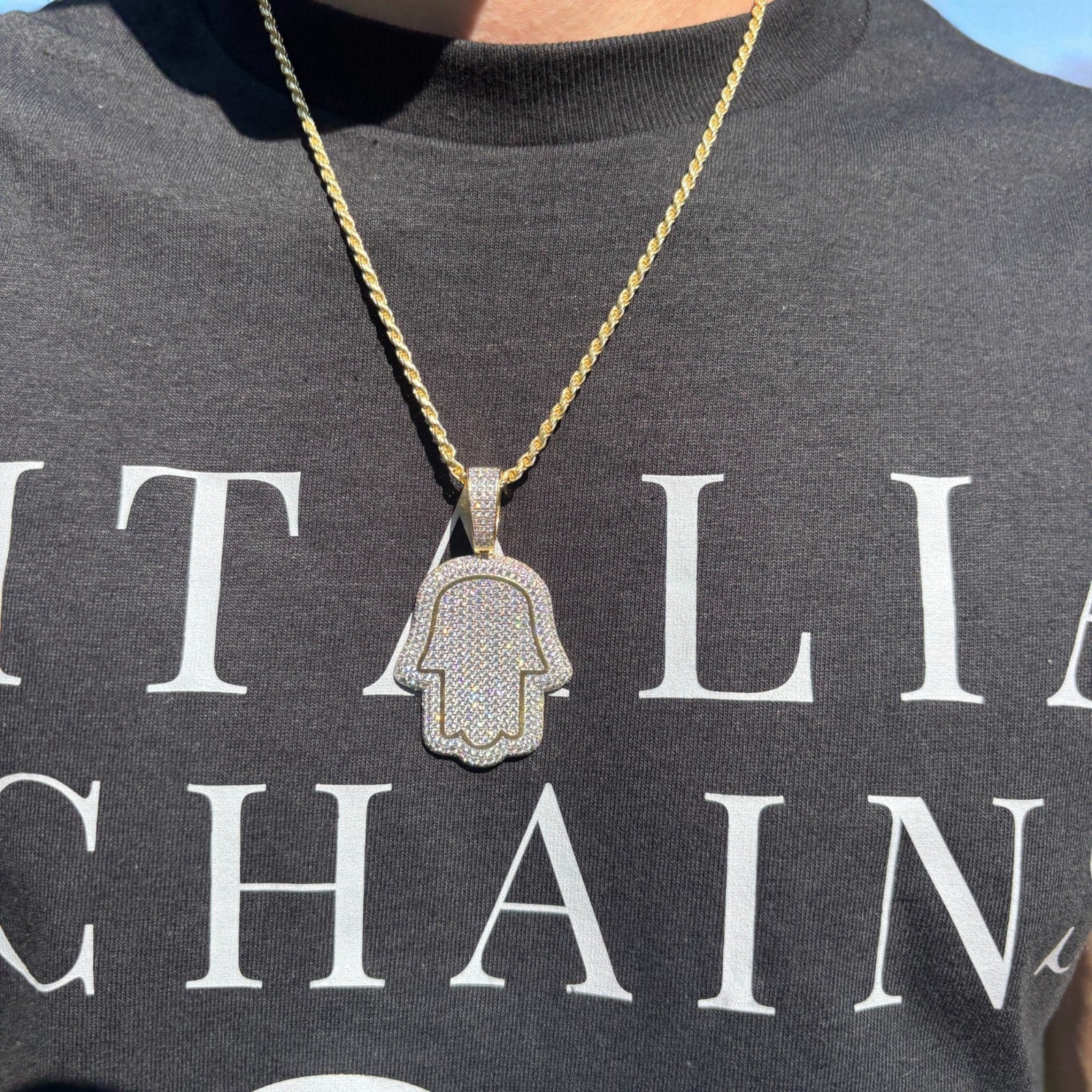 925 Sterling Silver Fully Iced Out Hamsa Pendant With Moissanite - Medium