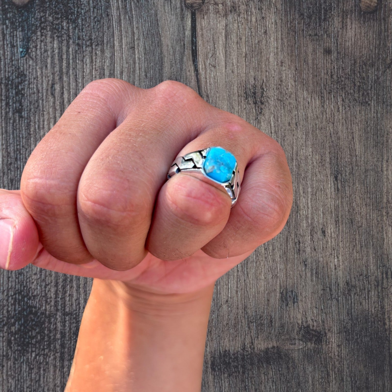 925 Sterling Silver Blue Turquoise Onyx Stone Cuban Ring