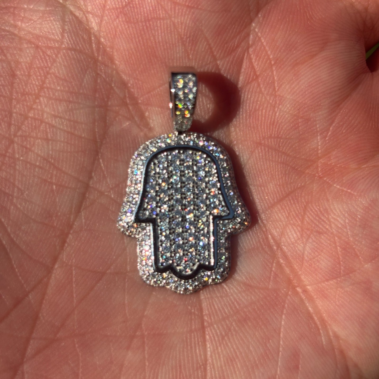 925 Sterling Silver Fully Iced Out Hamsa Pendant With Moissanite - Small