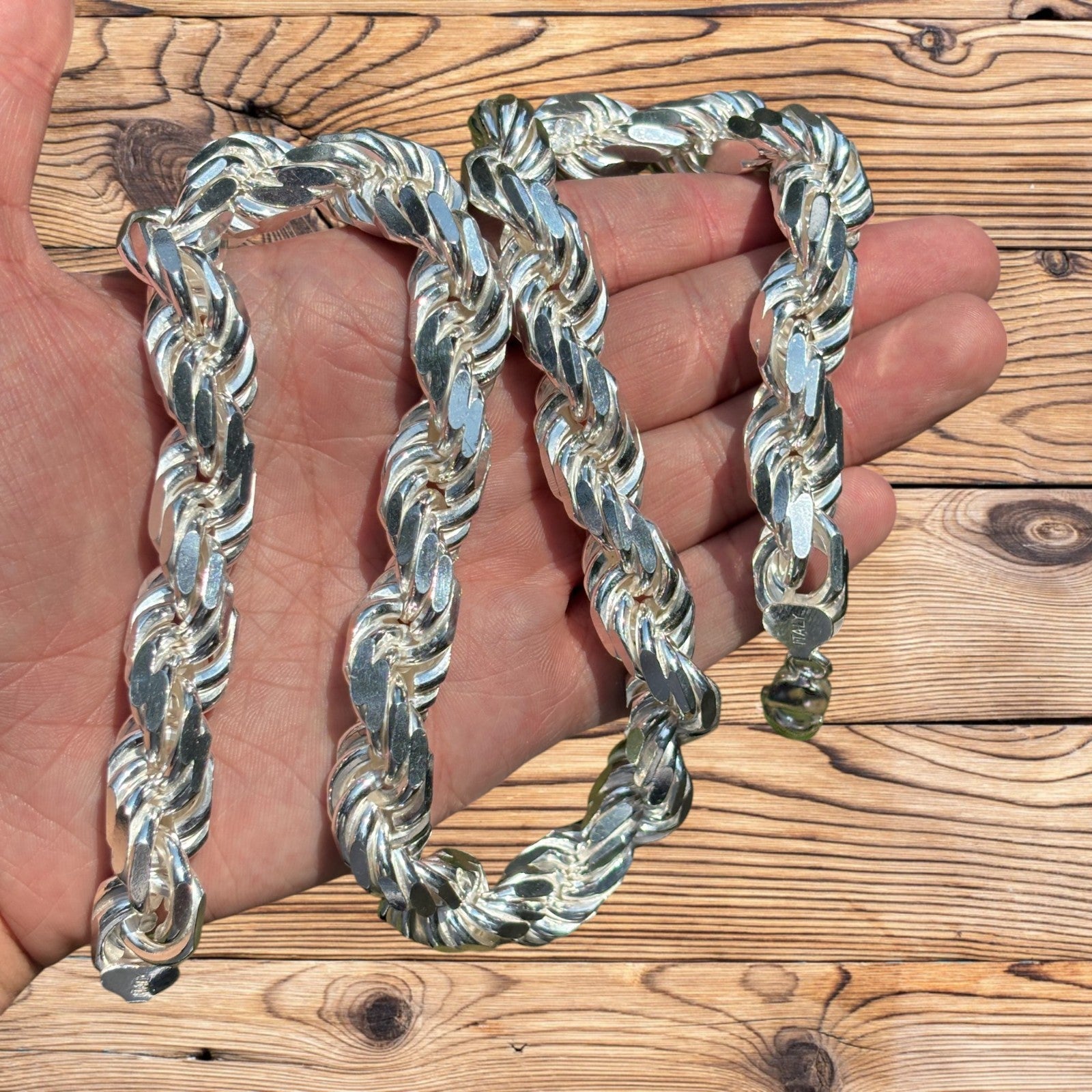 925 Sterling Silver 14mm Diamond Cut Rope Chain Necklace