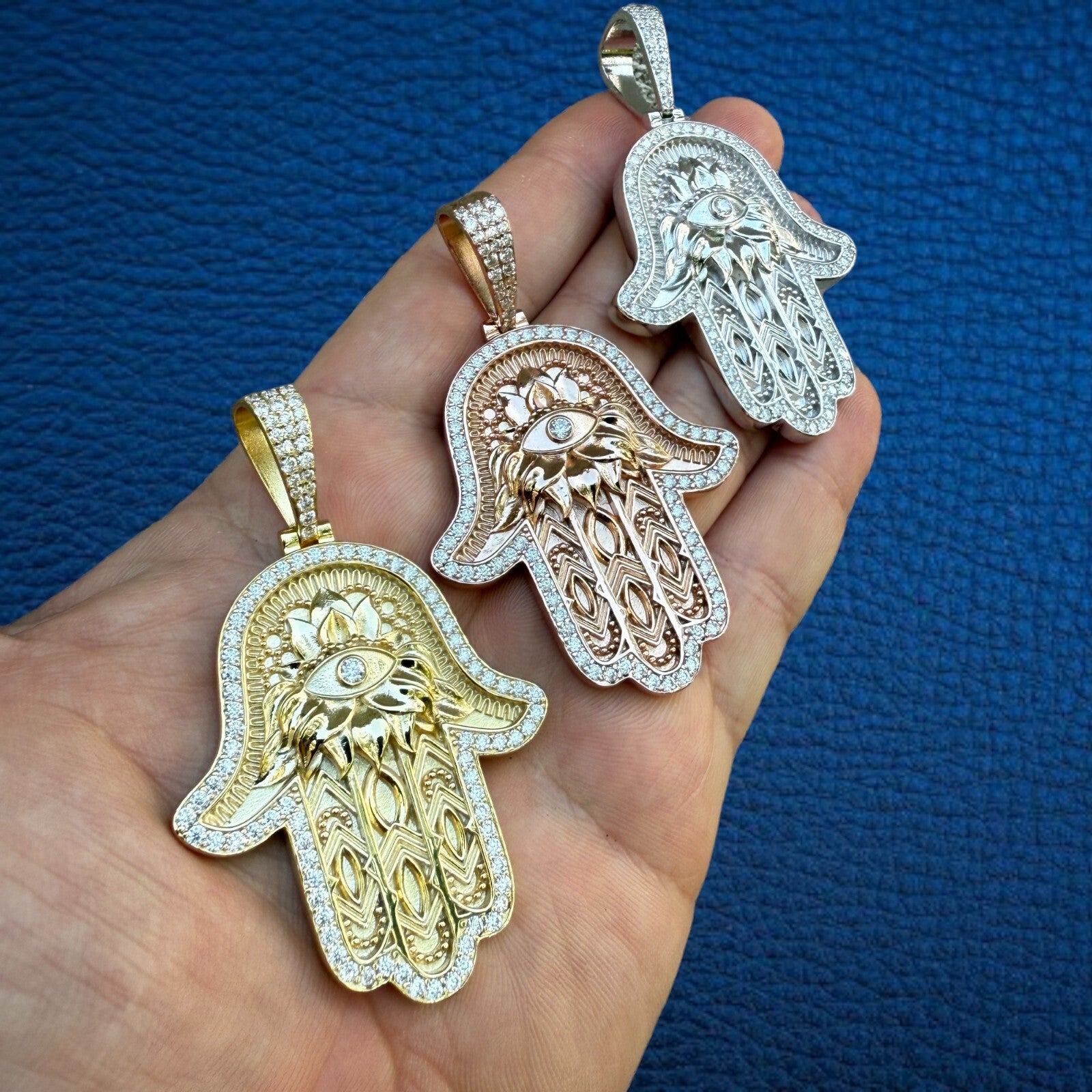 925 Sterling Silver Hamsa Hand Pendant With Moissanite - Large