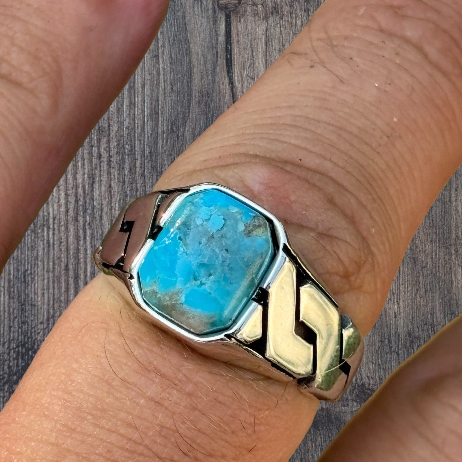 925 Sterling Silver Blue Turquoise Onyx Stone Cuban Ring