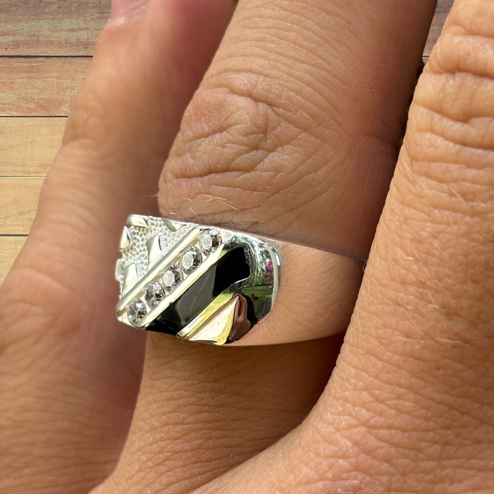 925 Sterling Silver Nugget Ring With Black Onyx & CZ Stones