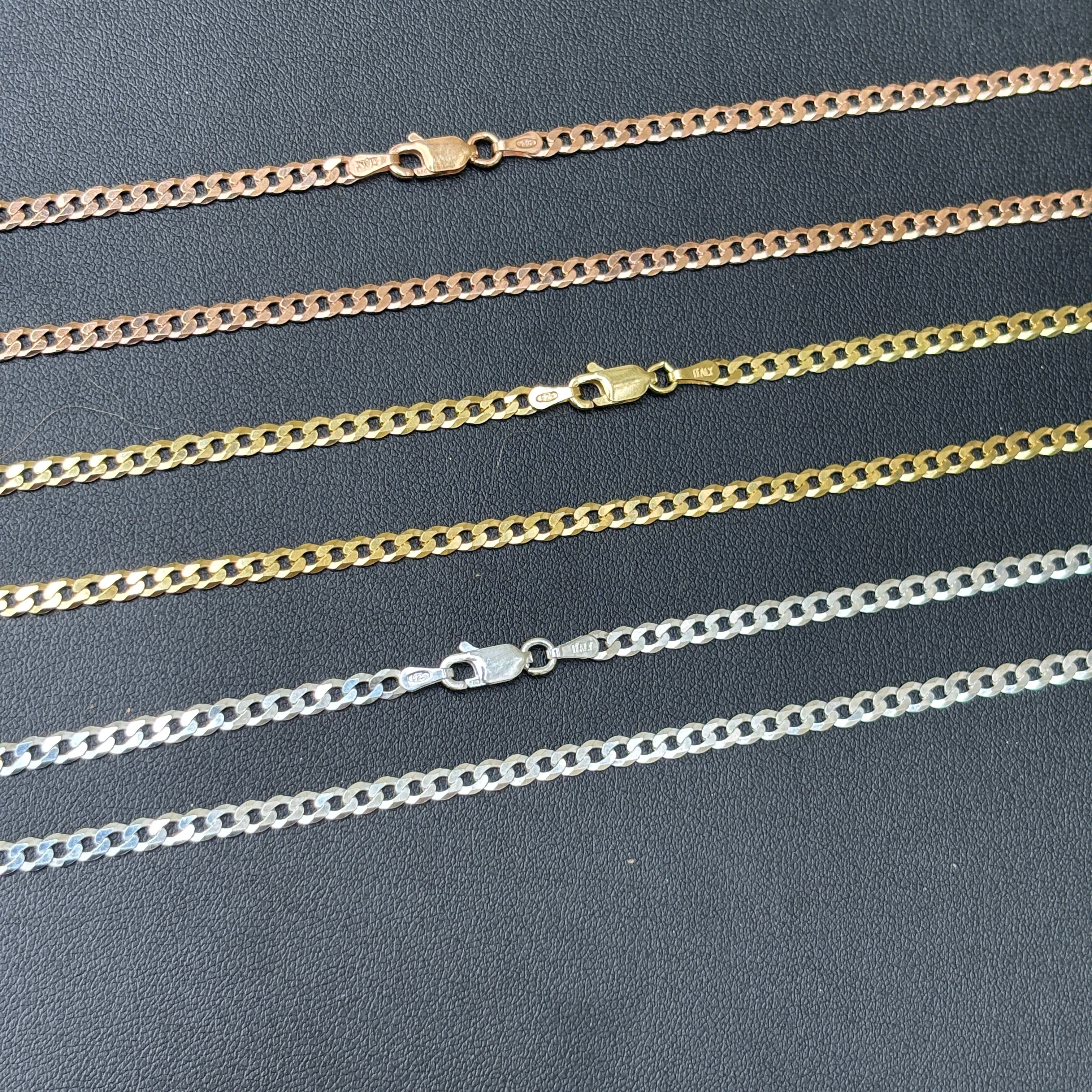 925 Sterling Silver 3mm Flat Curb Cuban Chain Necklace