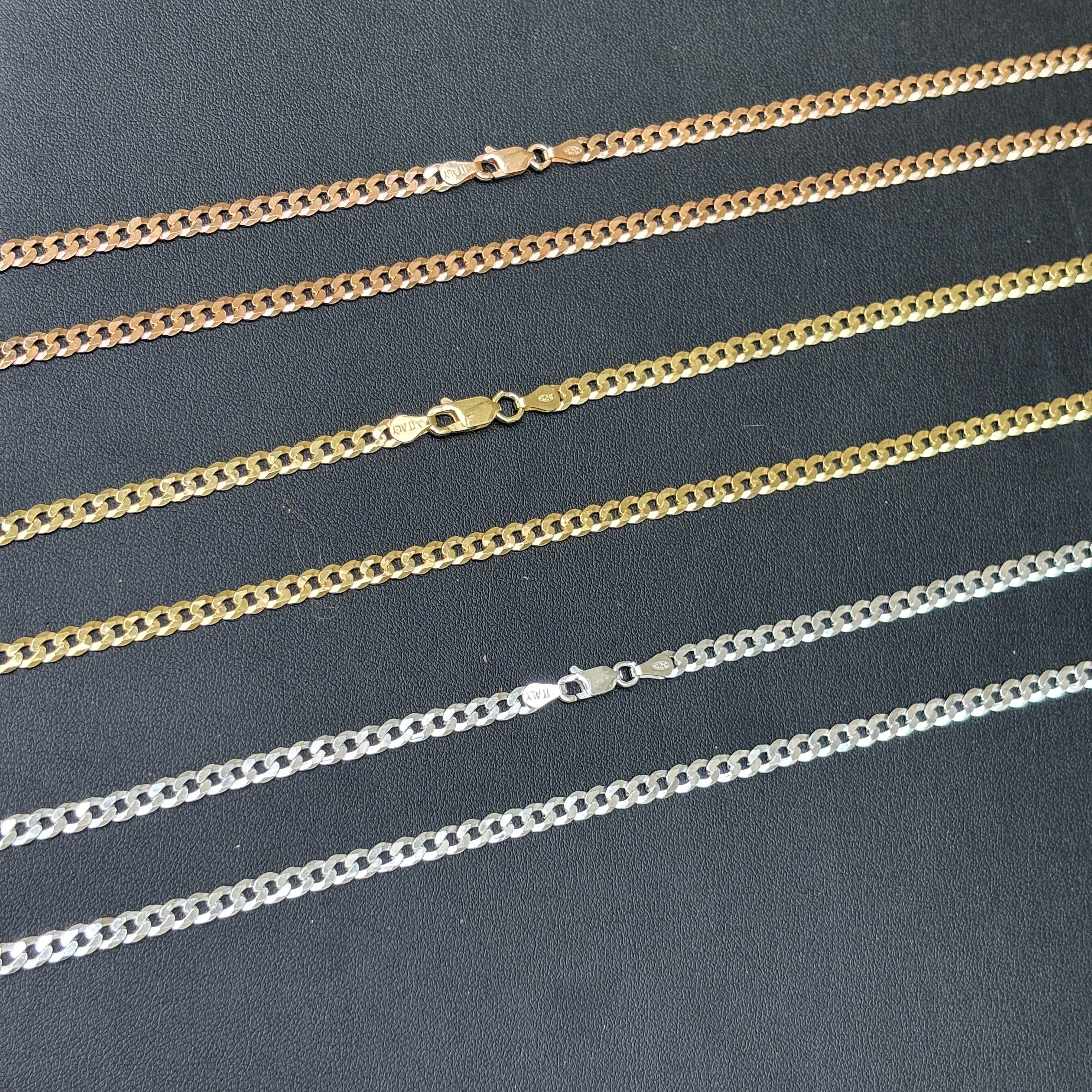 925 Sterling Silver 4mm Flat Curb Cuban Chain Necklace