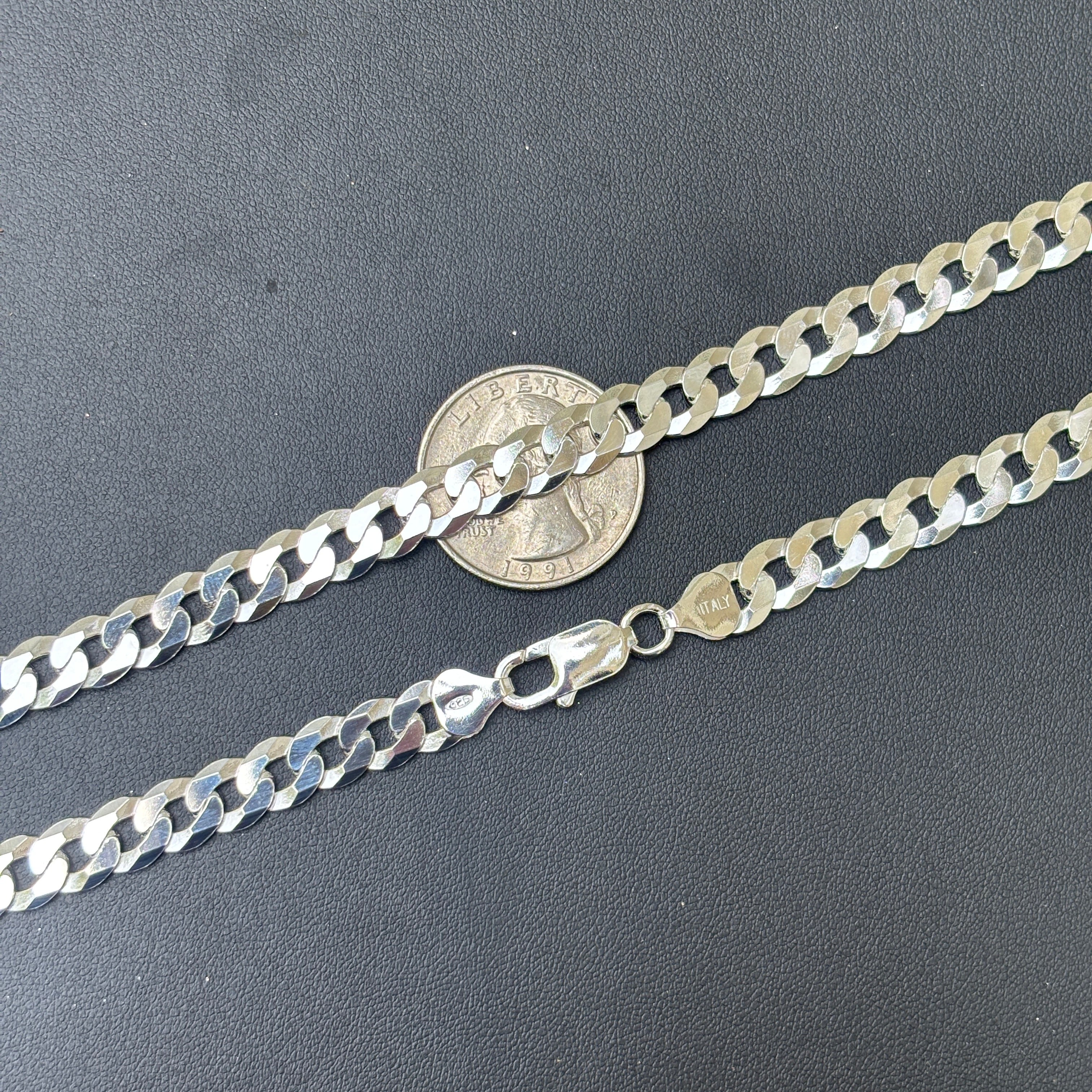925 Sterling Silver 8mm Flat Curb Cuban Chain Necklace