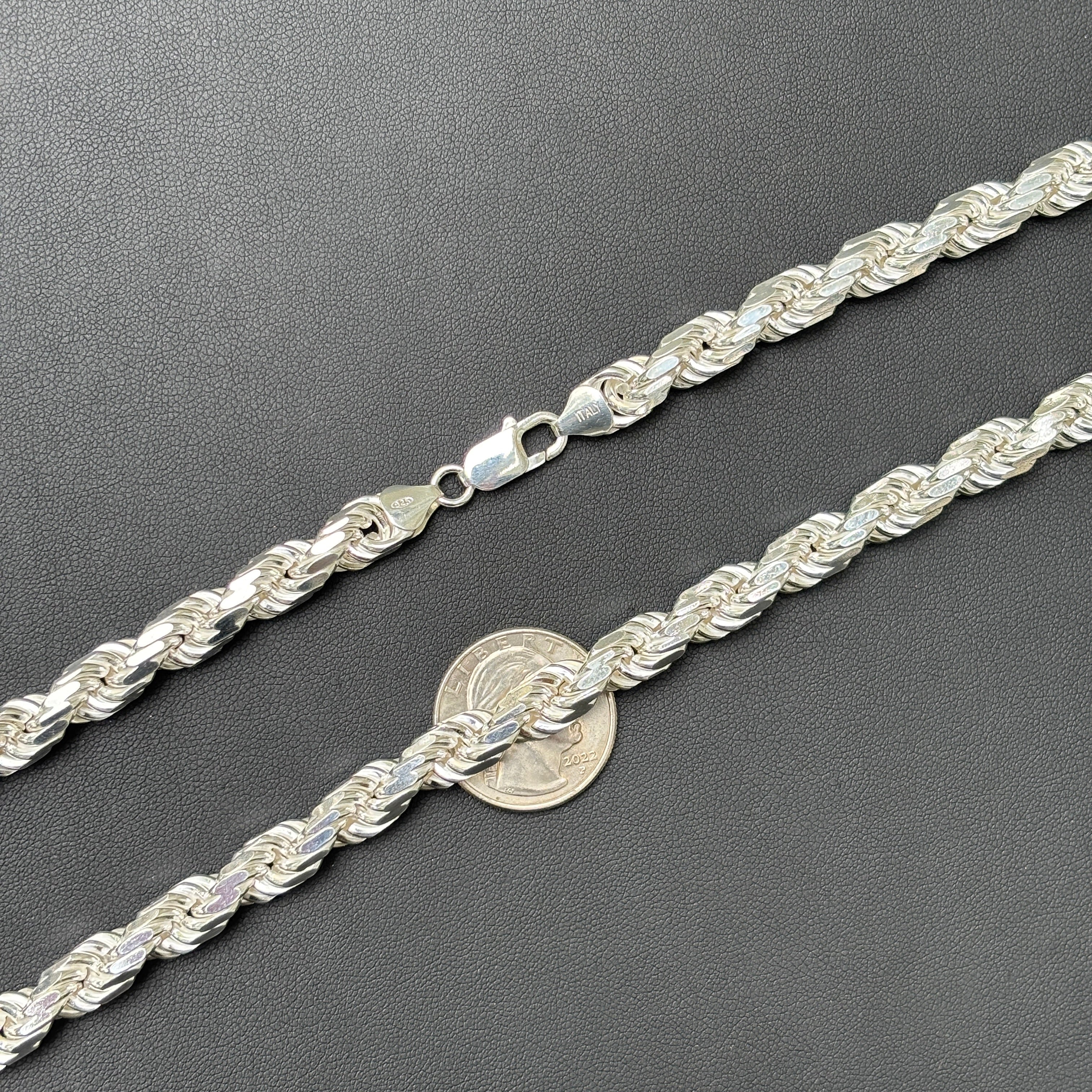 925 Sterling Silver 8mm Diamond Cut Rope Chain Necklace