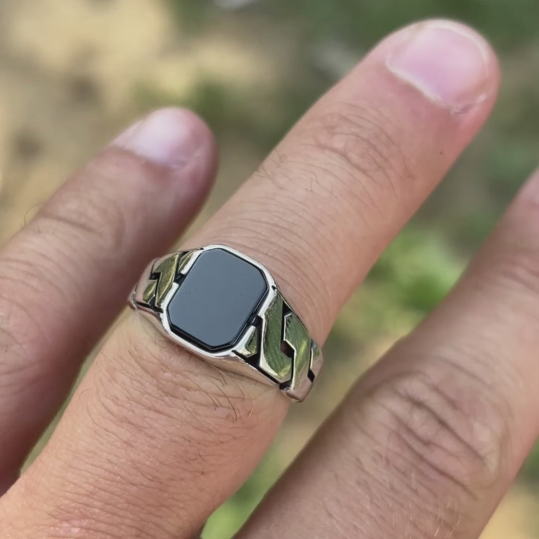 925 Sterling Silver Black Onyx Stone Cuban Ring