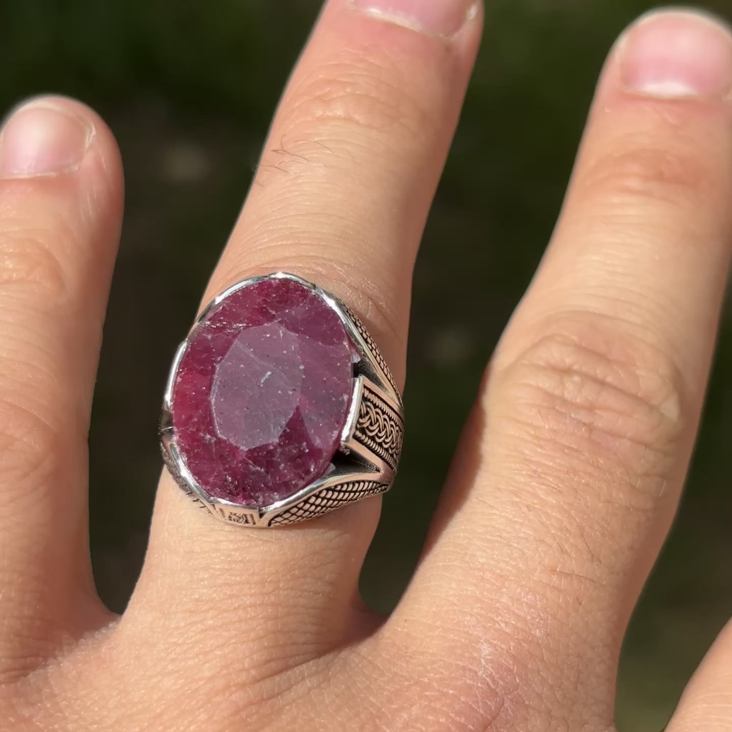 925 Sterling Silver Red Ruby Oval Stone Ring
