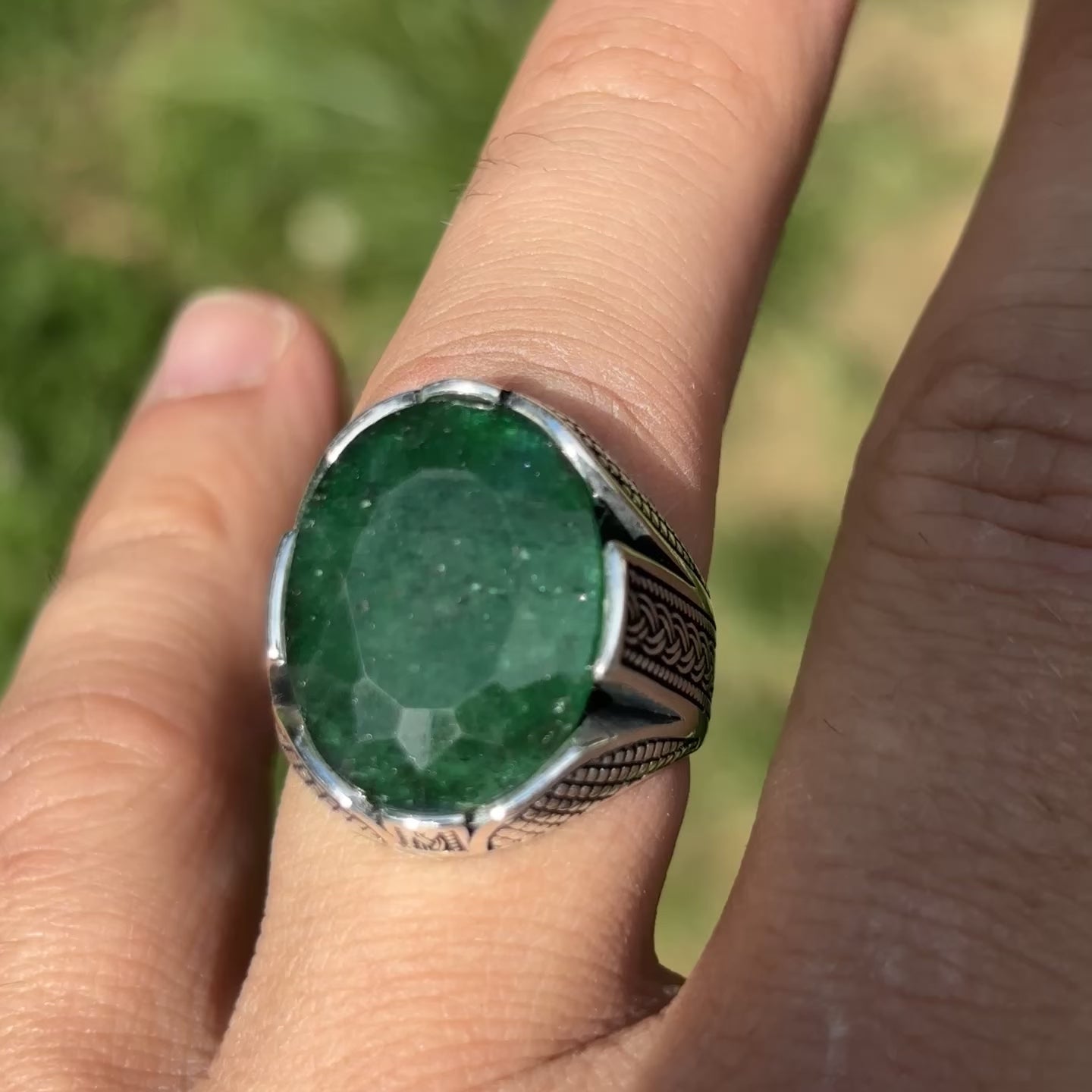 Load video: Mens natural green emerald gemstone ring. Real 925 silver
