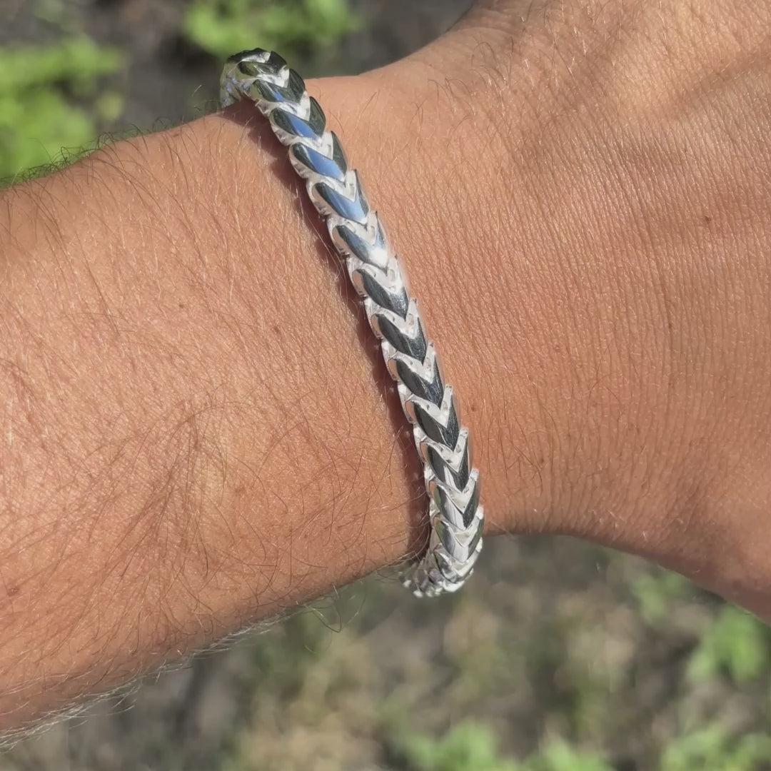 Load video: Handmade Italian mens 925 sterling silver franco bracelets. Great mens real silver jewelry