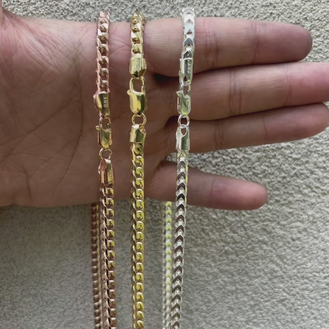 Load video: 5mm 925 sterling silver franco chain. Great mens Italian chain available in natural silver, 14k gold vermeil, & rose gold vermeil.