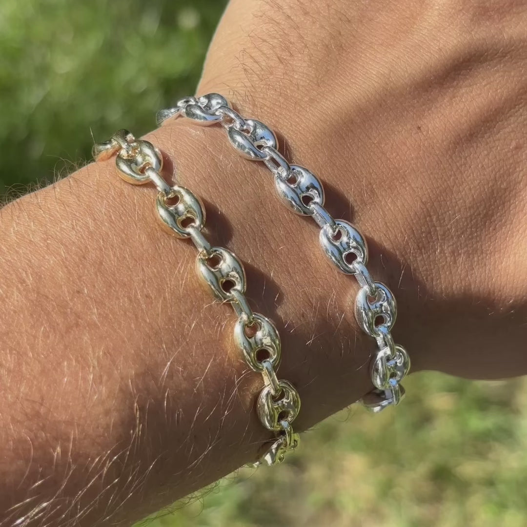 Load video: Real 925 silver & 14k gold 8mm puffed gucci braceet - great mens hip hop bracelet.