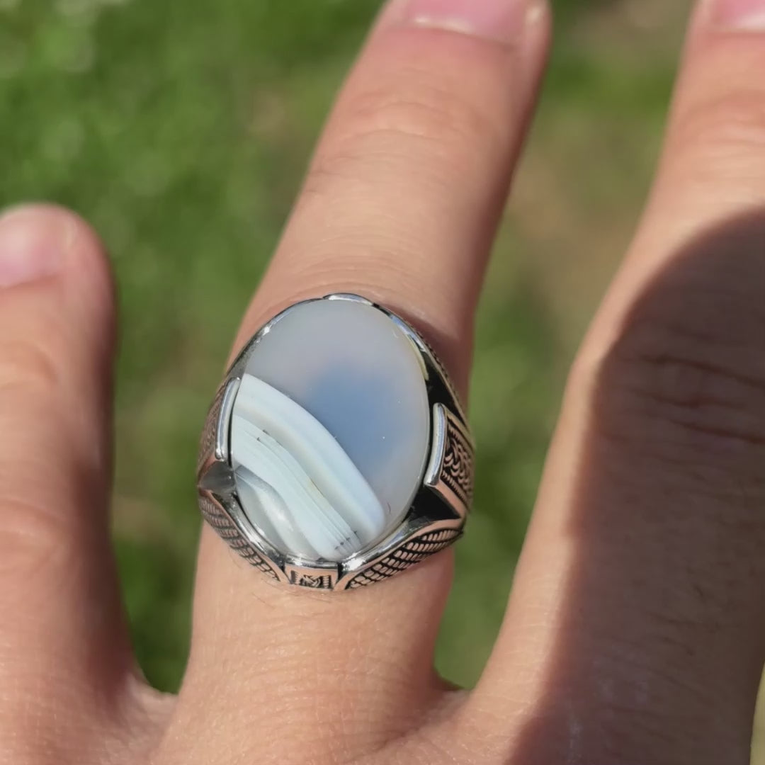 Real 925 Sterling Silver Oval Agate Gemstone Ring