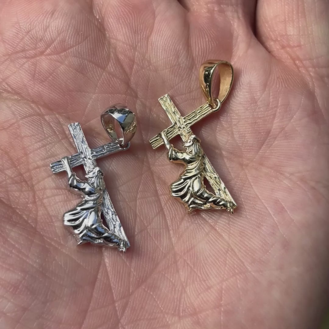 925 Sterling Silver Jesus Carrying Cross Pendant - Small