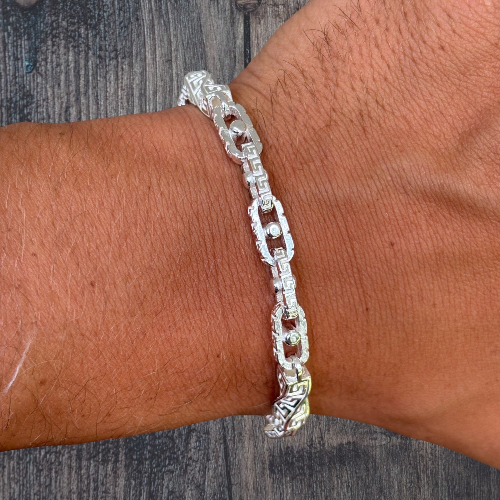 925 Sterling Silver 7mm Greek Key Rolo Link Bracelet