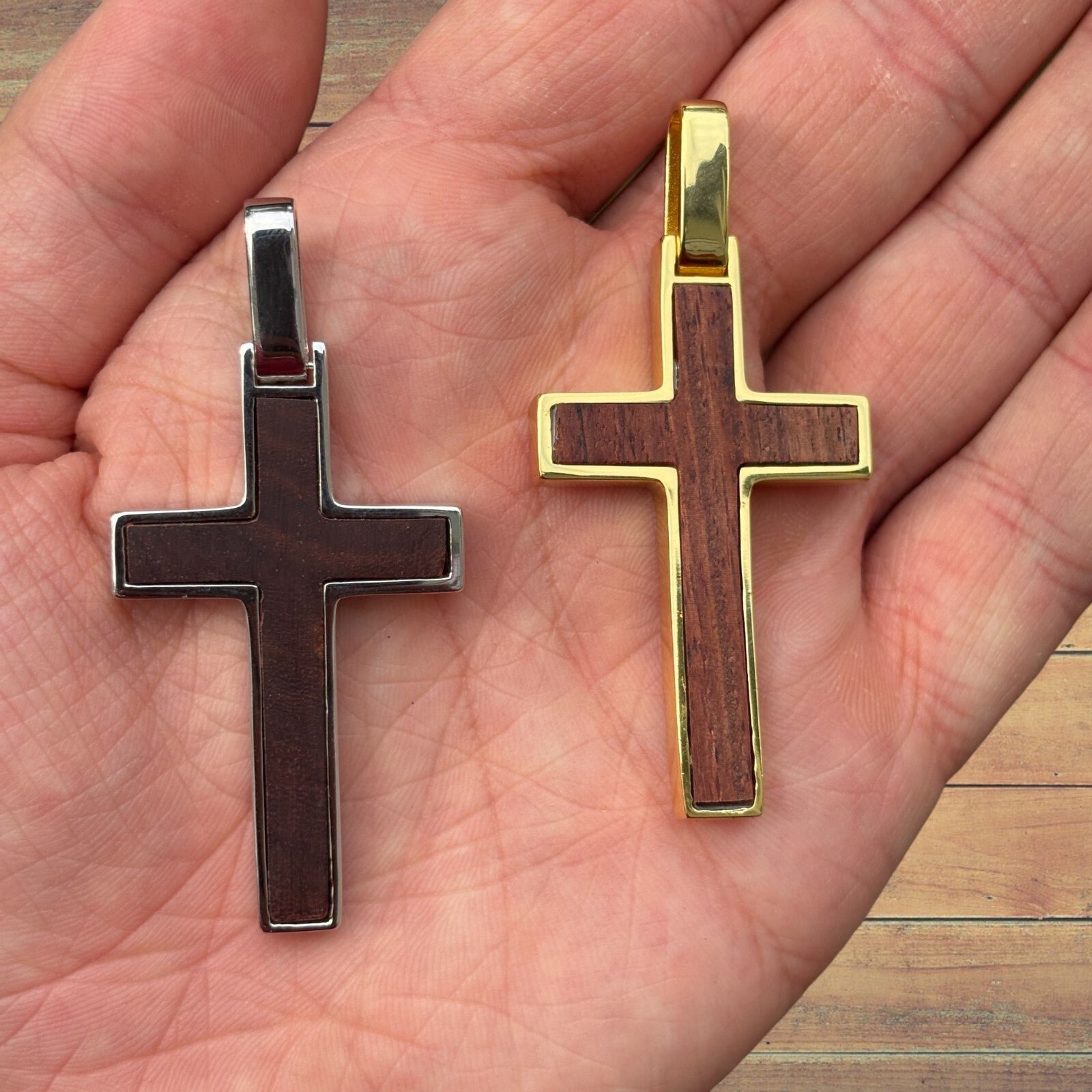 925 Sterling Silver Wooden Cross Pendant - Large