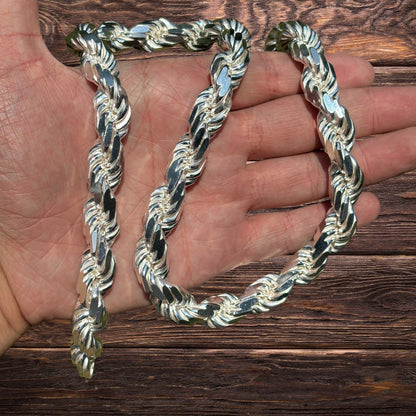 925 Sterling Silver 12.5mm Diamond Cut Rope Chain Necklace