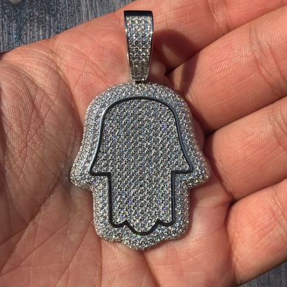 925 Sterling Silver Fully Iced Out Hamsa Pendant With Moissanite - Medium