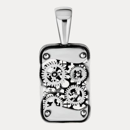 925 Sterling Silver Gears On A Dog Tag Pendant