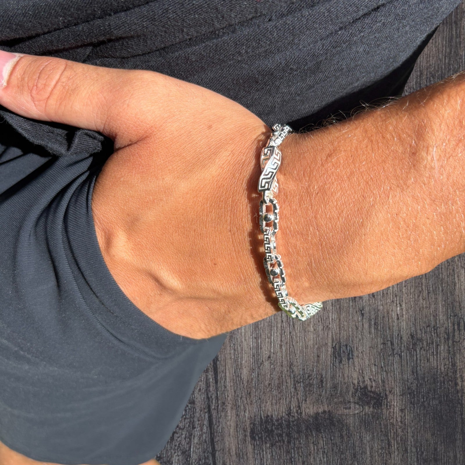 925 Sterling Silver 7mm Greek Key Rolo Link Bracelet