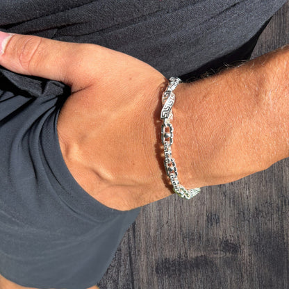 925 Sterling Silver 7mm Greek Key Rolo Link Bracelet
