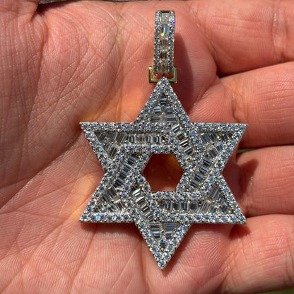 925 Sterling Silver Baguette Moissanite Star Of David Pendant - Large