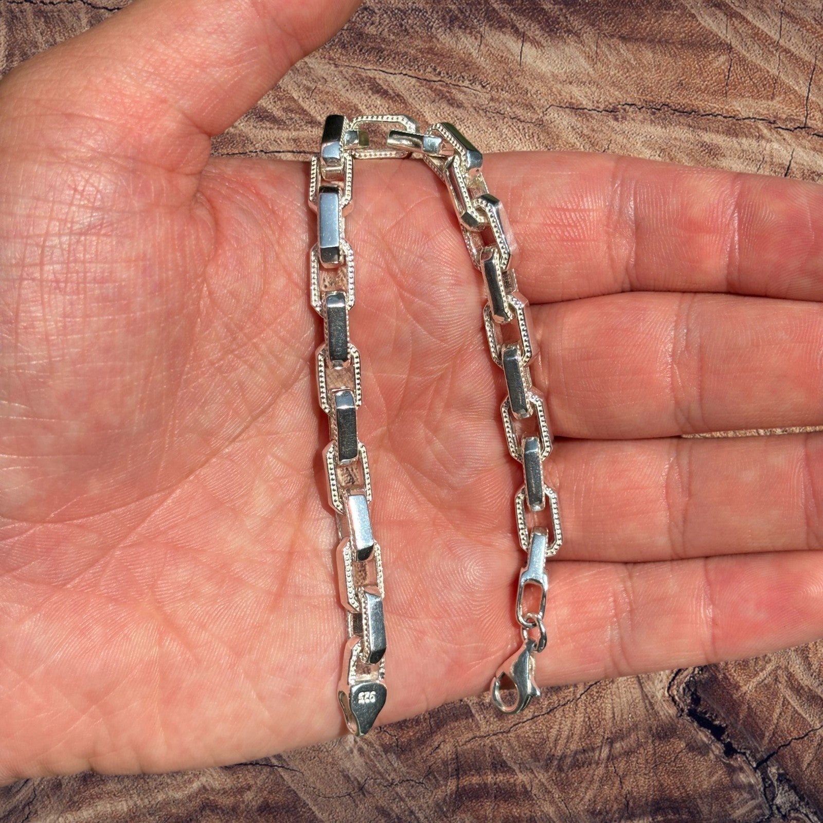 925 Sterling Silver 7mm Fancy Hermes Rolo Link Bracelet