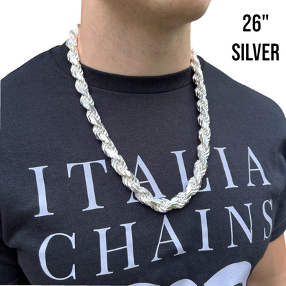 925 Sterling Silver 12.5mm Diamond Cut Rope Chain Necklace