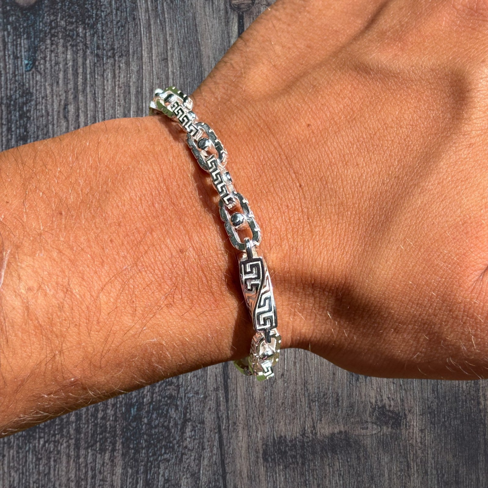 925 Sterling Silver 7mm Greek Key Rolo Link Bracelet