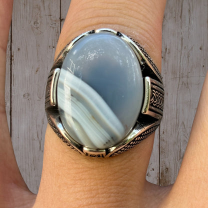 Real 925 Sterling Silver Oval Agate Gemstone Ring
