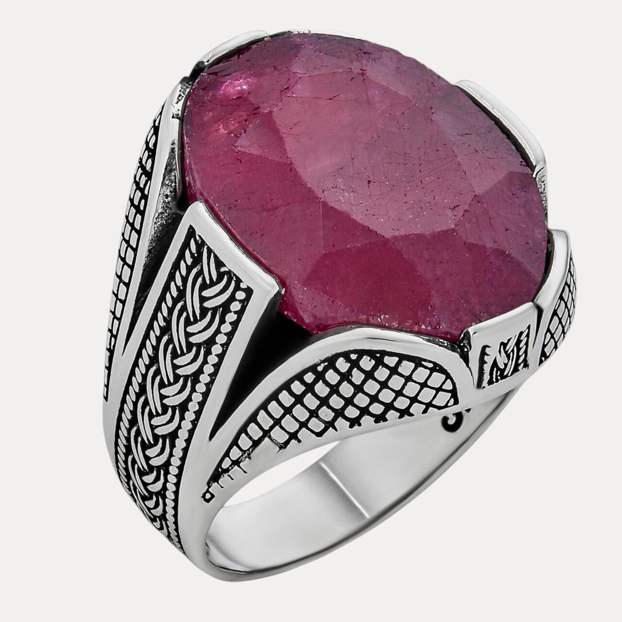 925 Sterling Silver Red Ruby Oval Stone Ring