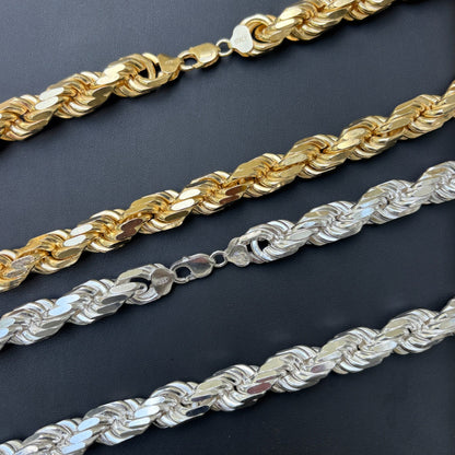 925 Sterling Silver 12.5mm Diamond Cut Rope Chain Necklace