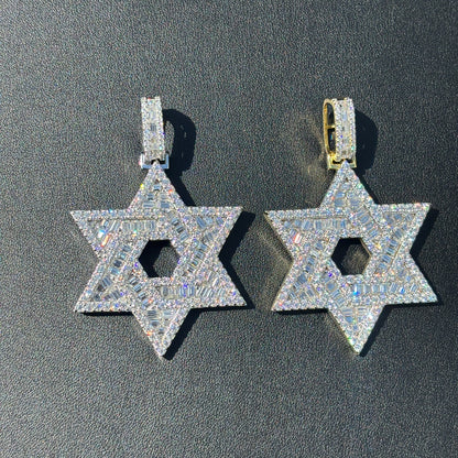 925 Sterling Silver Baguette Moissanite Star Of David Pendant - Large