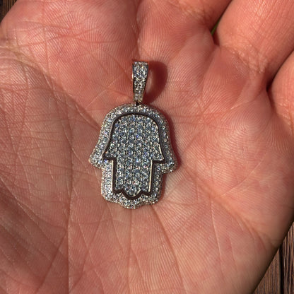 925 Sterling Silver Fully Iced Out Hamsa Pendant With Moissanite - Small