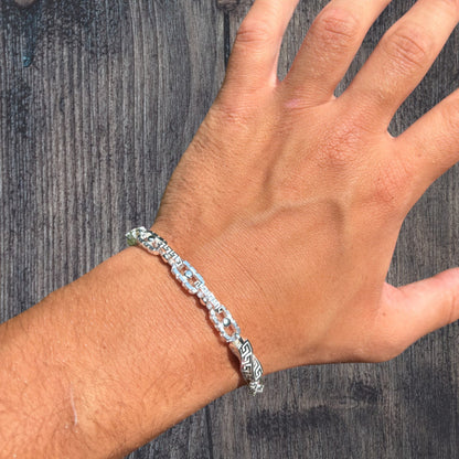 925 Sterling Silver 7mm Greek Key Rolo Link Bracelet