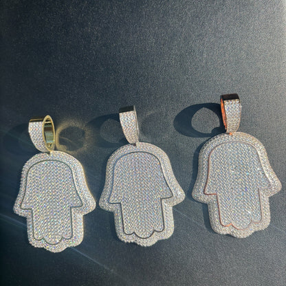 925 Sterling Silver Fully Iced Out Hamsa Pendant With Moissanite - Large