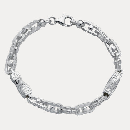 925 Sterling Silver 7mm Greek Key Rolo Link Bracelet