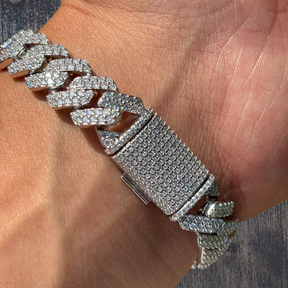925 Sterling Silver 12mm Moissanite Cuban Prong Bracelet