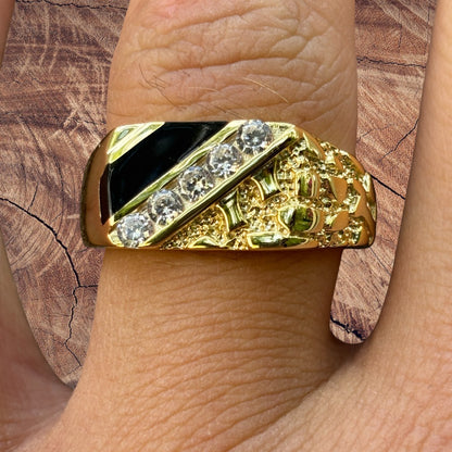 925 Sterling Silver Nugget Ring With Black Onyx & CZ Stones