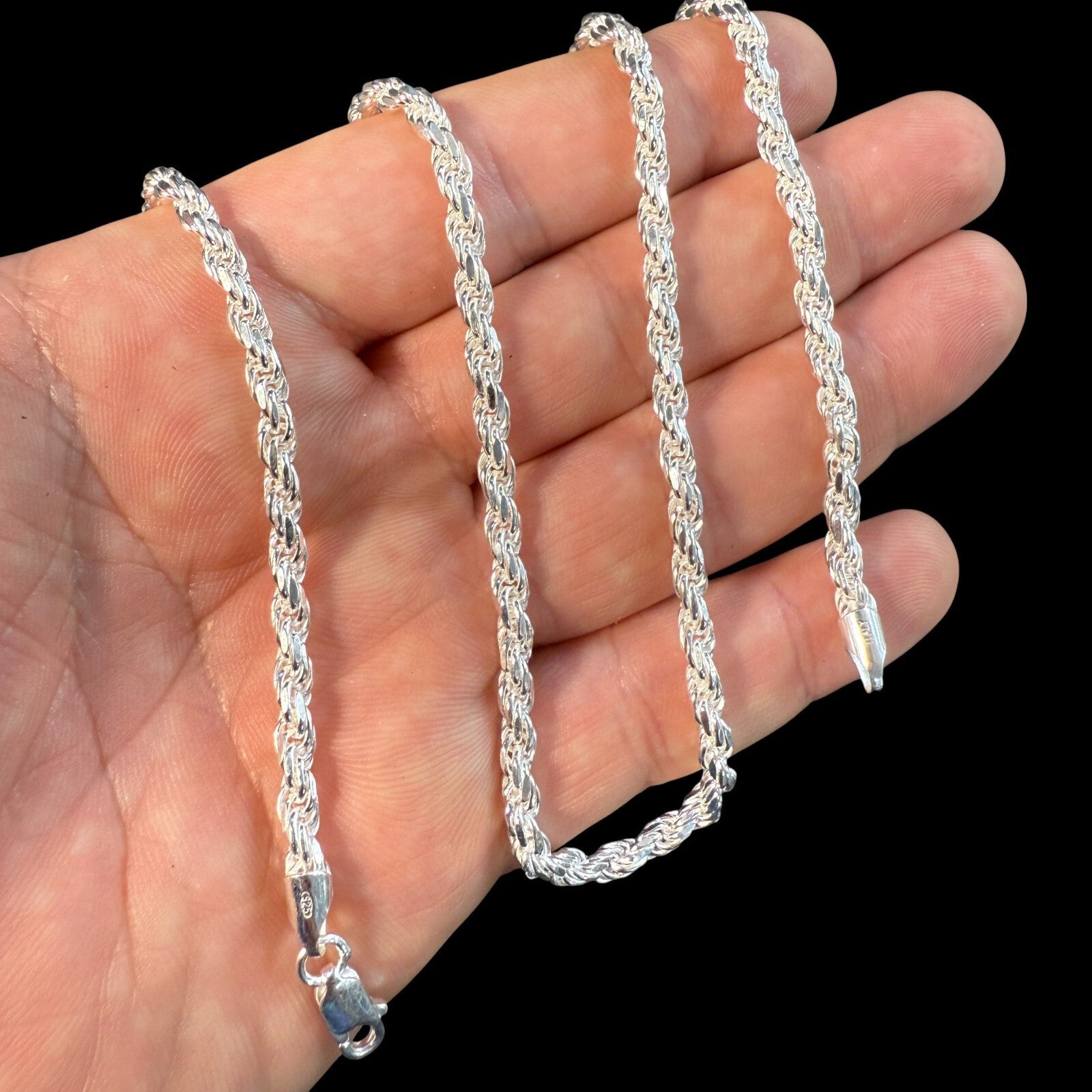 925 Sterling Silver 4mm Diamond Cut Rope Chain Necklace