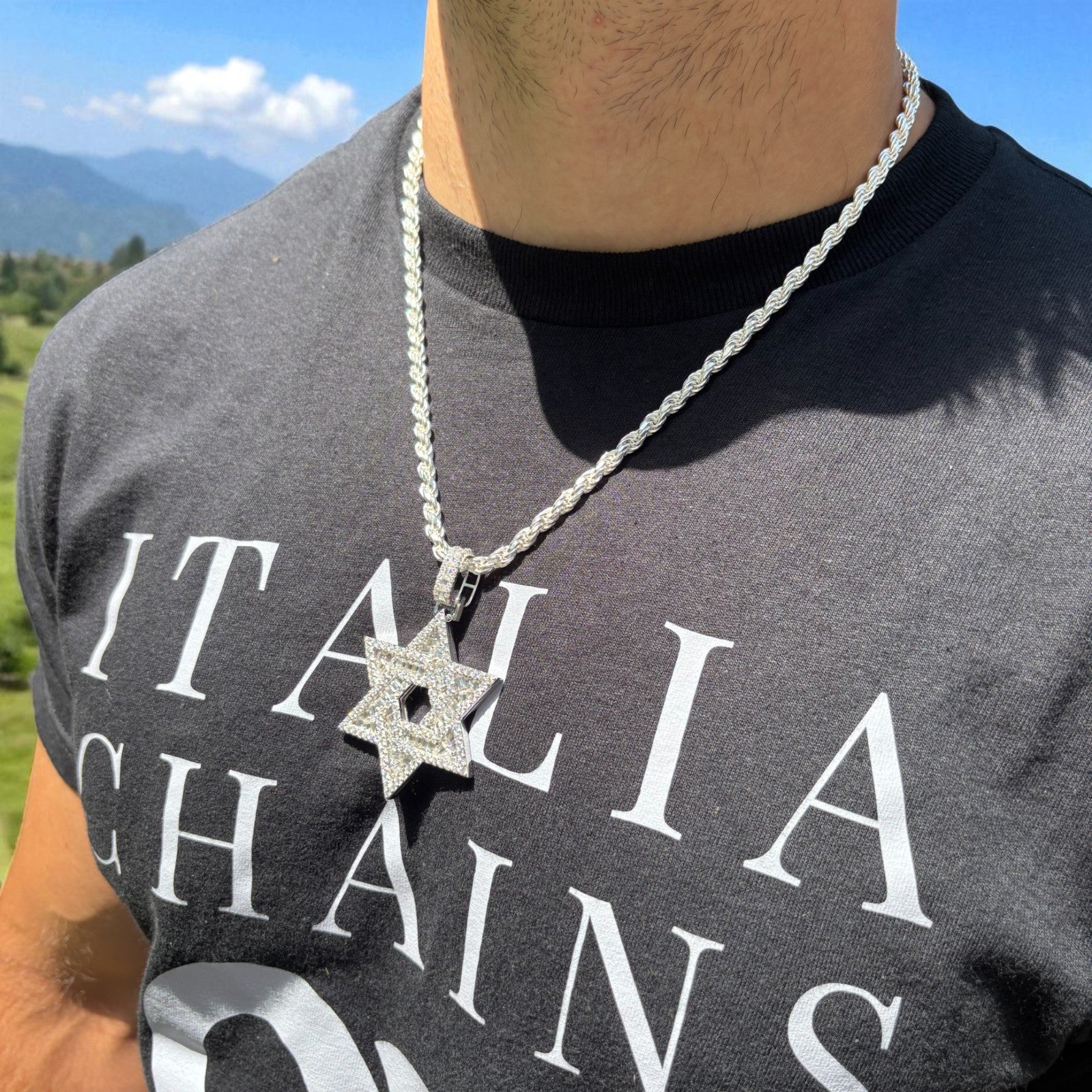 925 Sterling Silver Baguette Moissanite Star Of David Pendant - Large