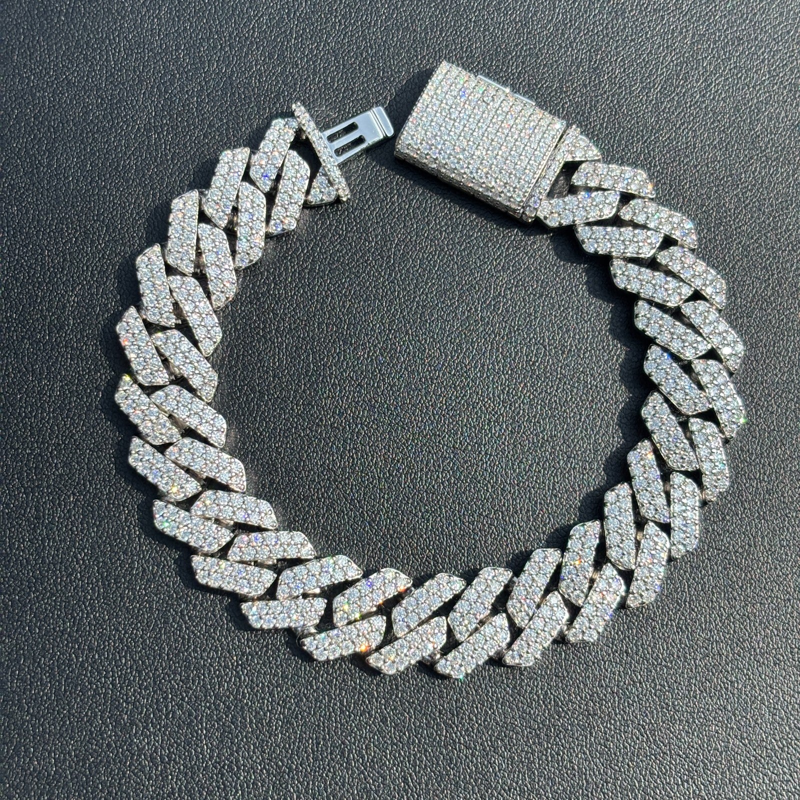 925 Sterling Silver 12mm Moissanite Cuban Prong Bracelet